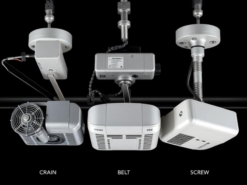 Three types of garage door openers displayed side by side: chain drive, belt drive, and screw drive