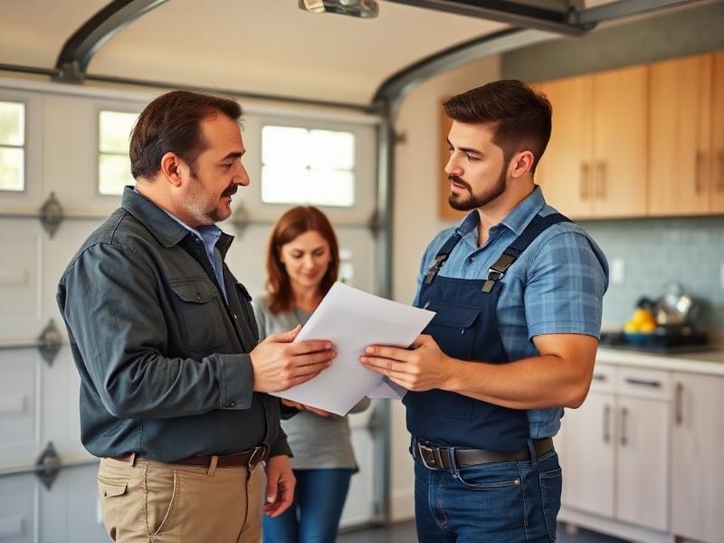Homeowners reviewing garage door installation options with professional technician