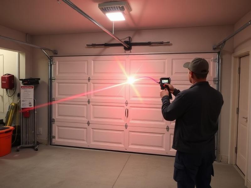 Technician testing garage door safety sensors with laser alignment equipment