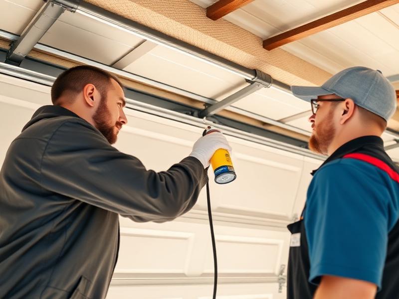 Technician lubricating garage door tracks during spring maintenance service