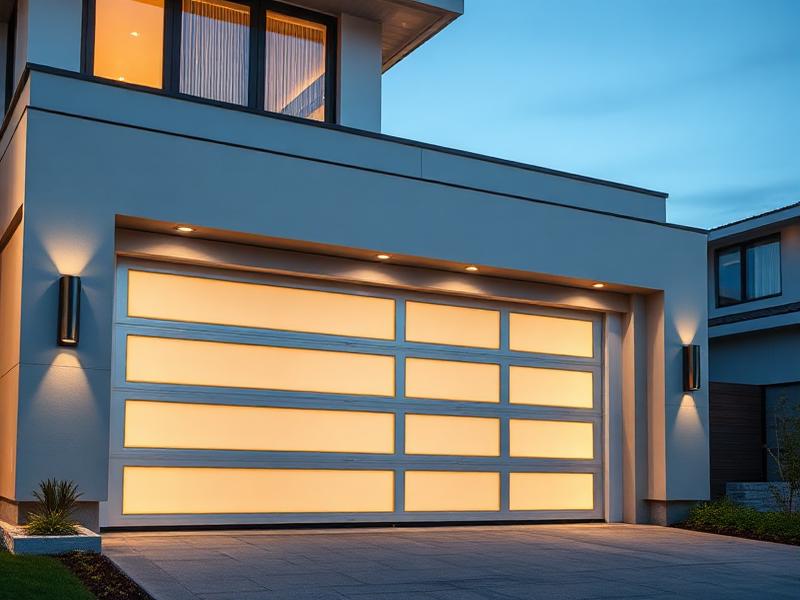 Luxury modern garage door with glass panel inserts on contemporary home