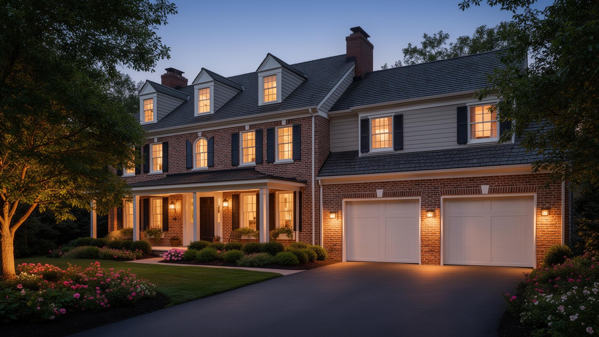 Elegant colonial home with modern garage doors at dusk