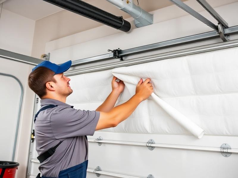 Professional technician installing garage door insulation panels
