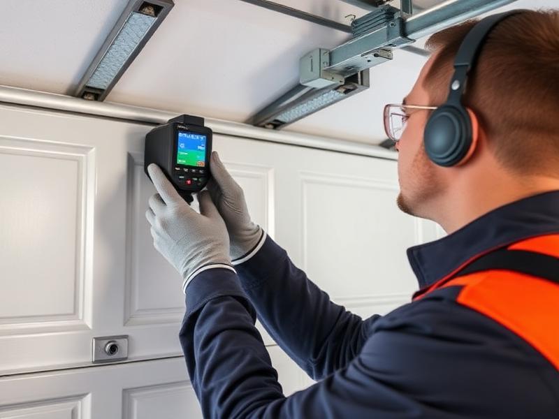 Repair specialist diagnosing garage door sensor alignment